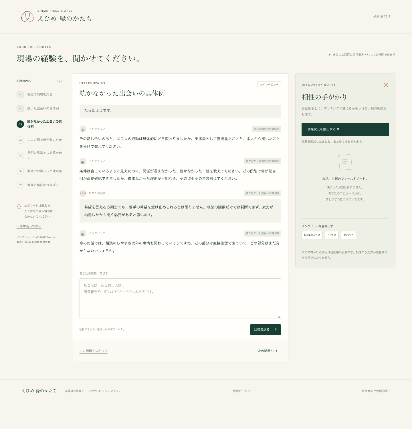 左に7段階の進行、中央に回答と質問、右に候補次元の欄を表示した対話画面。